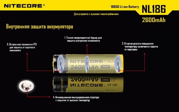 Картинка Аккумулятор литиевый Li-Ion 18650 Nitecore NL186 3,7V (2600mAh), защищенный 6-1020 - Аккумуляторы Nitecore