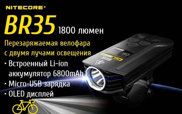Зображення Велофара Nitecore BR35 (Cree XM-L 2 U2, 1800 люмен, 8 режимів, USB) 6-1292 - Велофари Nitecore