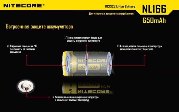 Картинка Аккумулятор литиевый Li-Ion CR123A Nitecore NL166 3,7V (650mAh), защищенный 6-1022 - Аккумуляторы Nitecore