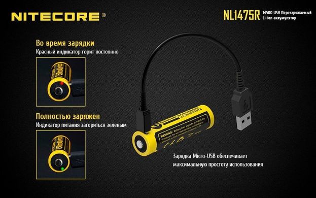 Картинка Аккумулятор литиевый Li-Ion 14500 Nitecore NL1475R 3,6V (750mAh, USB), защищенный 6-1021-r - Аккумуляторы Nitecore