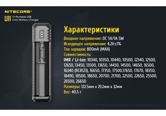 Картинка Зарядное устройство Nitecore UI1 (6-1350_1), 1 канал 6-1350_1 - Зарядные устройства Nitecore