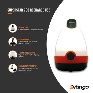 Зображення Ліхтар кемпінговий Vango Superstar 700 Recharge USB Orange (ACSLANTRN3KTW37) 929685 - Кемпінгові ліхтарі Vango