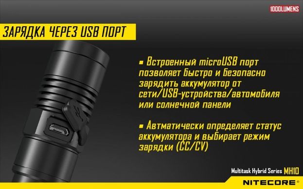Картинка Фонарь ручной Nitecore MH10 (Сree XM-L2 U2, 1000 люмен, 7 режимов, 1х18650, USB), комплект 6-1038 - Ручные фонари Nitecore