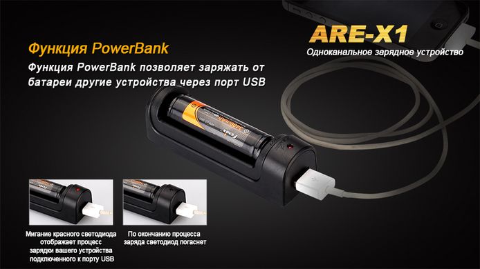 Картинка Зарядное устройство 2 в 1 Fenix ARE-X1+ Power Bank Fenix ARE-X1 (1 канал, USB) ARE-X1 - Зарядные устройства Fenix