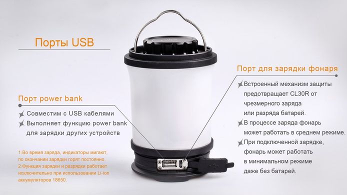Картинка 2 в 1 - Фонарь кемпинговый + Power Bank Fenix CL30R (LED, 650 люмен, 6 режимов, 3x18650, USB), серый, комплект CL30Rgr - Кемпинговые фонари Fenix