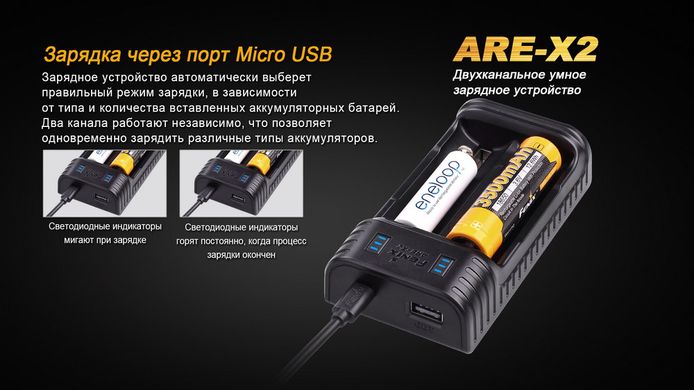 Зображення 2 в 1 - Зарядний пристрій + Power Bank Fenix ARE-X2 (2 канала, USB) ARE-X2 - Зарядні пристрої Fenix