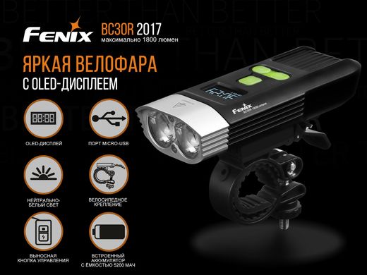 Зображення Велофара Fenix BC30R 2017 (Cree XM-L2 U2, 1000 люмен, 8 режимов, USB), комплект BC30R2017 - Велофари Fenix