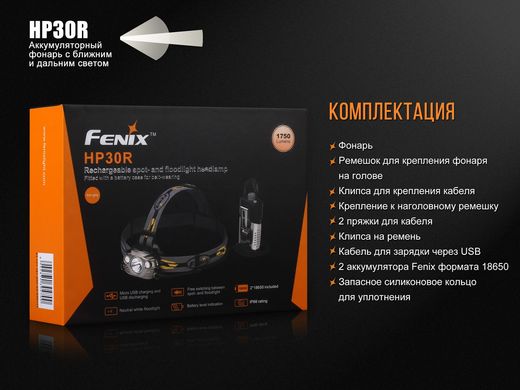 Картинка Фонарь налобный Fenix HP30R (Cree XM-L2 + XP-G2, 1000 люмен, 9 режимов, 2x18650, USB), черный, комплект HP30Rblack - Налобные фонари Fenix