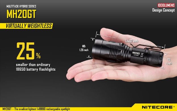 Зображення Ліхтар ручний Nitecore MH20GT (Сree XP-L HI V3 1000 люмен, 8 режимів, 1х18650, USB) 6-1160_gt - Ручні ліхтарі Nitecore
