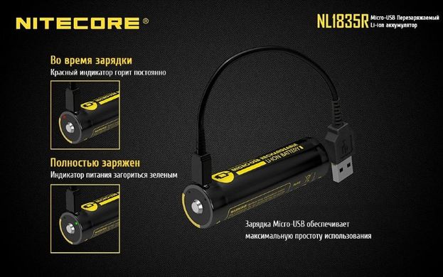 Картинка Аккумулятор литиевый Li-Ion 18650 Nitecore NL1835R 3,6V (3500mAh, USB), защищенный 6-1234-r - Аккумуляторы Nitecore